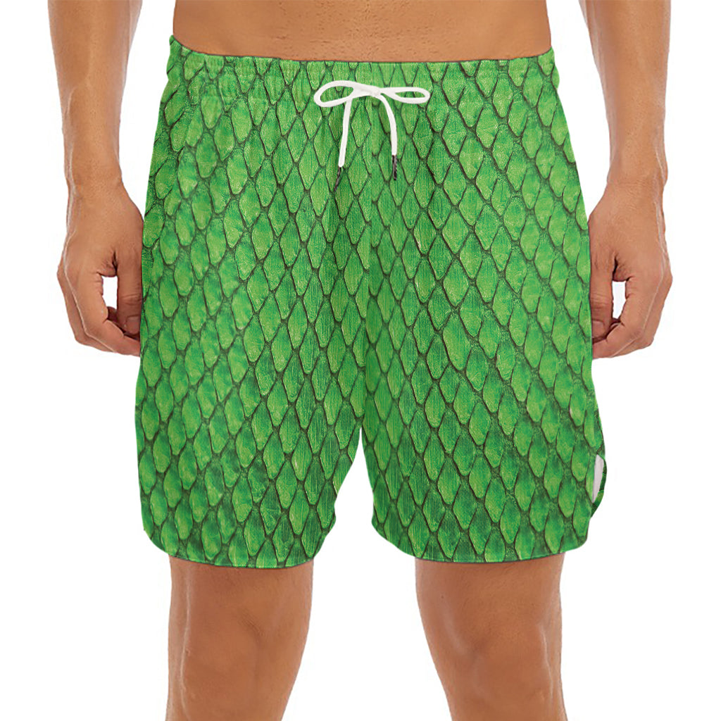 Green Python Snakeskin Print Men's Split Running Shorts