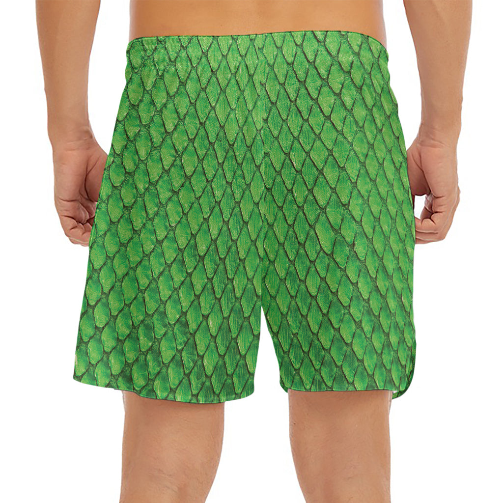Green Python Snakeskin Print Men's Split Running Shorts