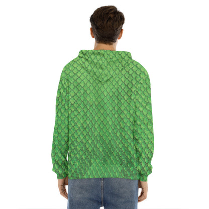 Green Python Snakeskin Print Men's Velvet Pullover Hoodie