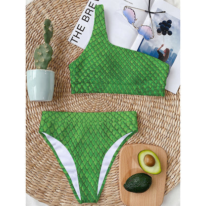 Green Python Snakeskin Print One Shoulder Bikini Top