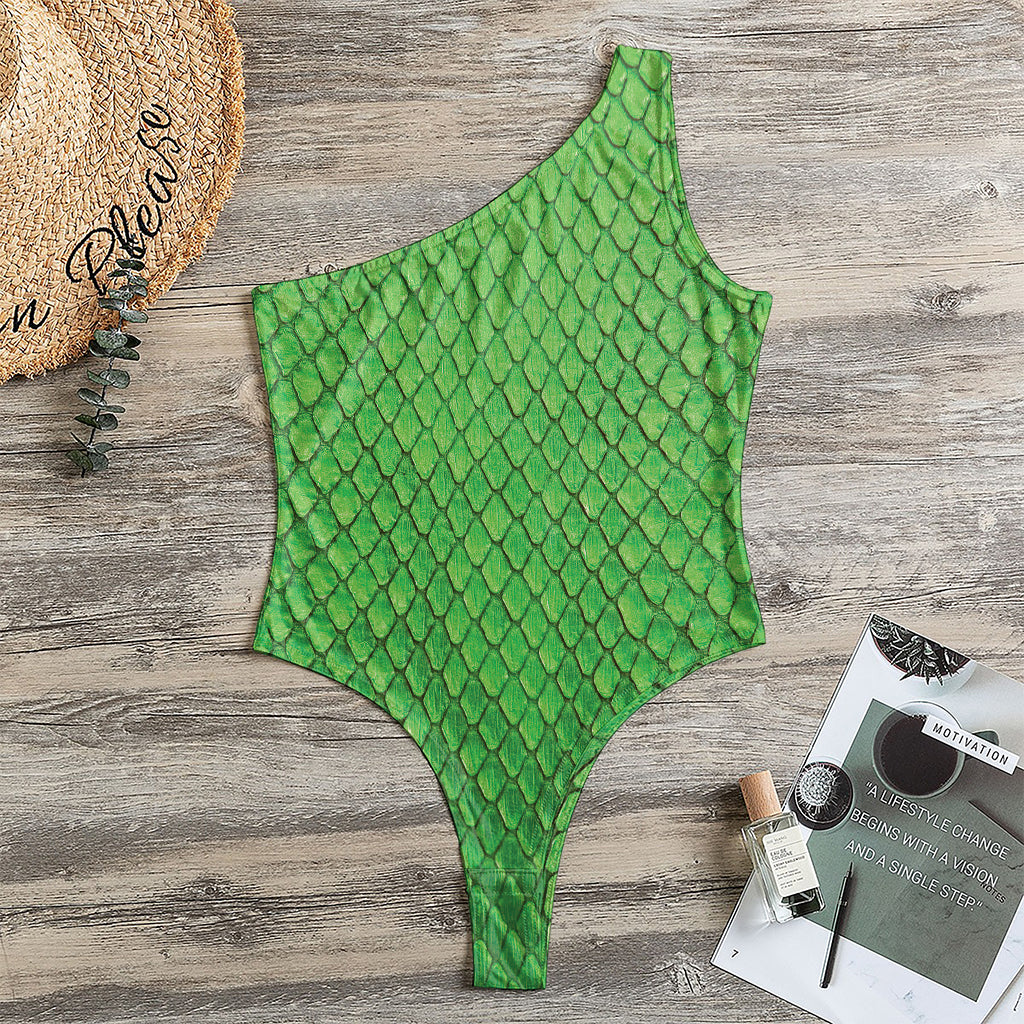 Green Python Snakeskin Print One Shoulder Bodysuit