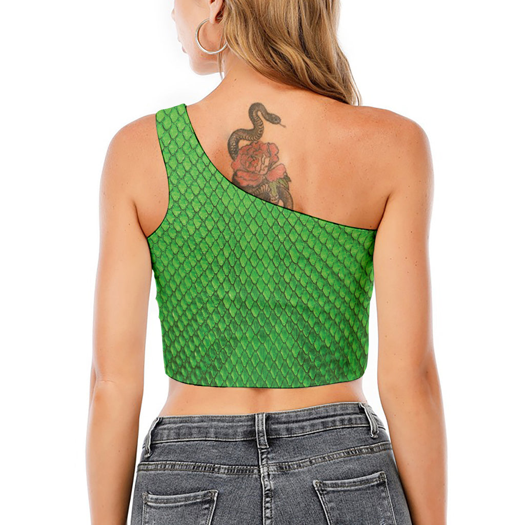 Green Python Snakeskin Print One Shoulder Crop Top