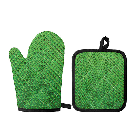 Green Python Snakeskin Print Oven Mitt And Pot Holder Set