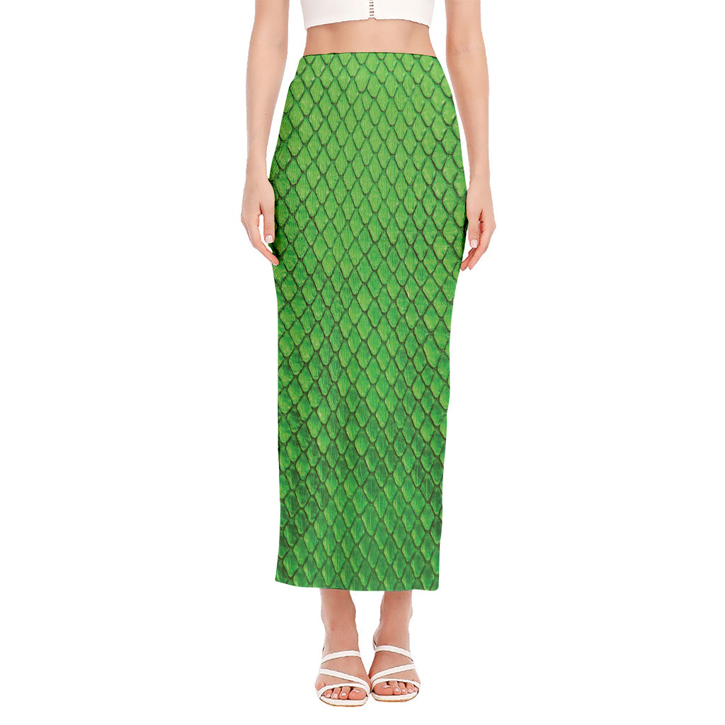 Green Python Snakeskin Print Side Slit Maxi Skirt