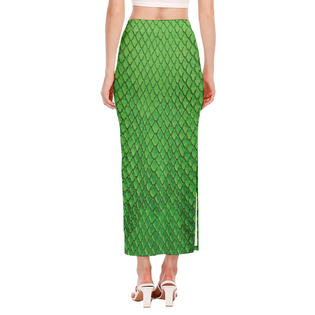 Green Python Snakeskin Print Side Slit Maxi Skirt