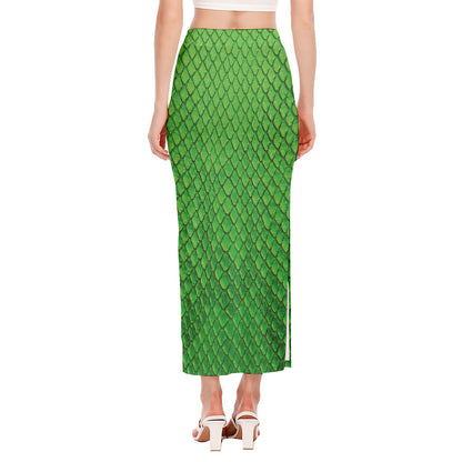 Green Python Snakeskin Print Side Slit Maxi Skirt