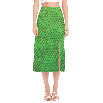Green Python Snakeskin Print Side Slit Midi Skirt