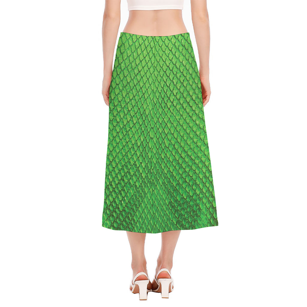Green Python Snakeskin Print Side Slit Midi Skirt