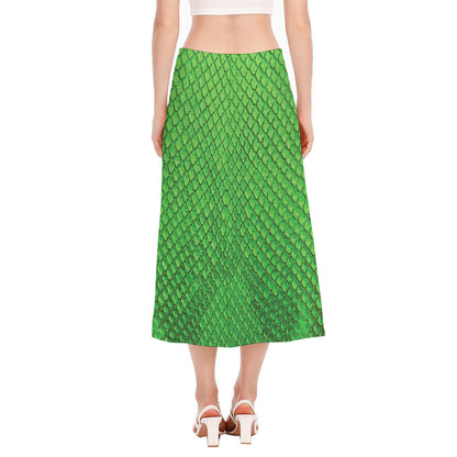 Green Python Snakeskin Print Side Slit Midi Skirt