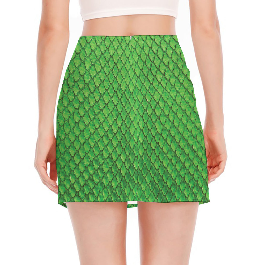 Green Python Snakeskin Print Side Slit Mini Skirt