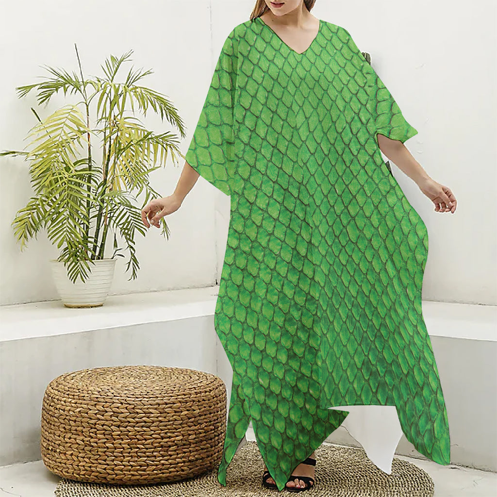 Green Python Snakeskin Print Silk V-Neck Kaftan Dress