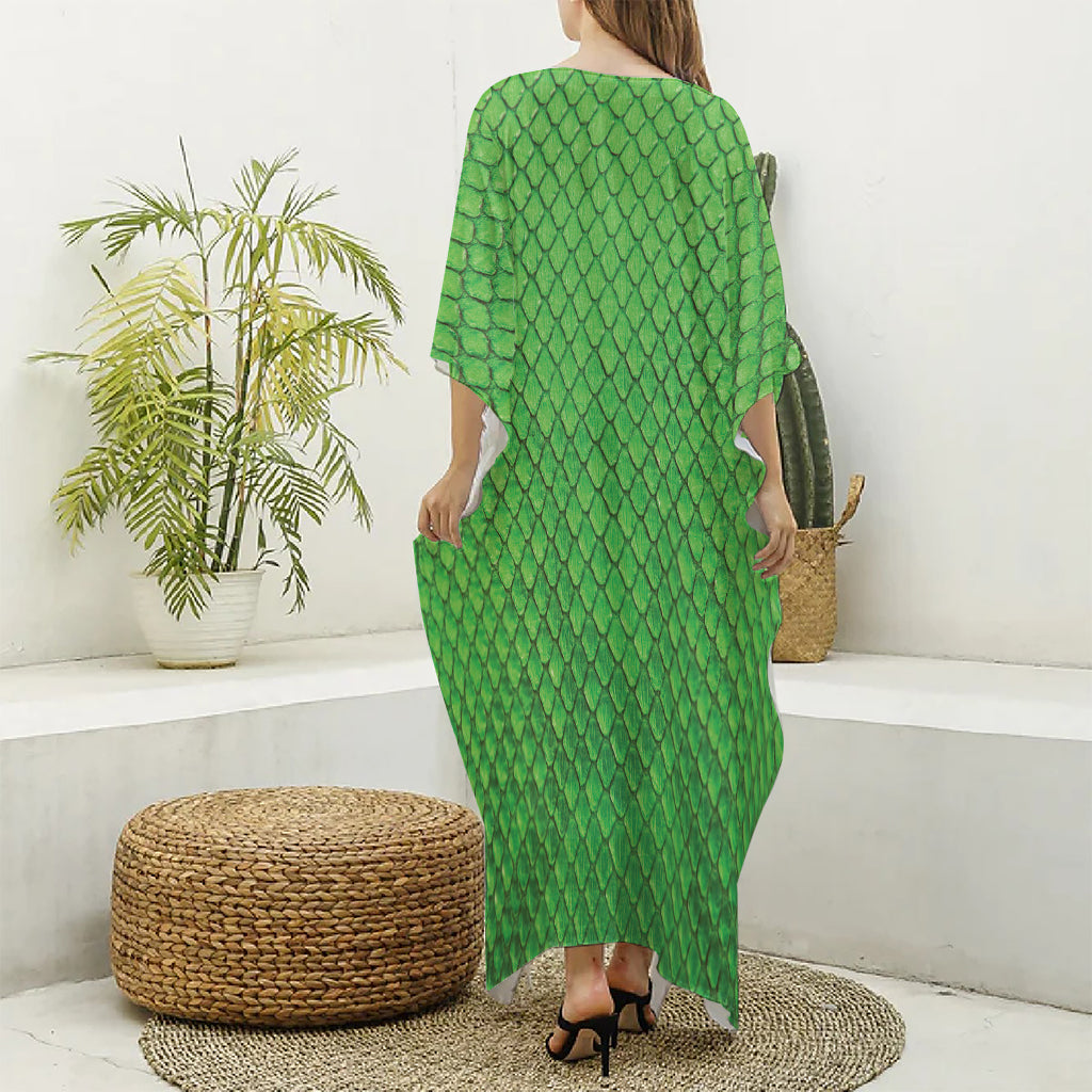 Green Python Snakeskin Print Silk V-Neck Kaftan Dress