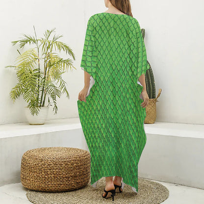 Green Python Snakeskin Print Silk V-Neck Kaftan Dress