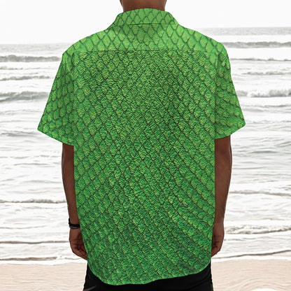 Green Python Snakeskin Print Textured Short Sleeve Shirt