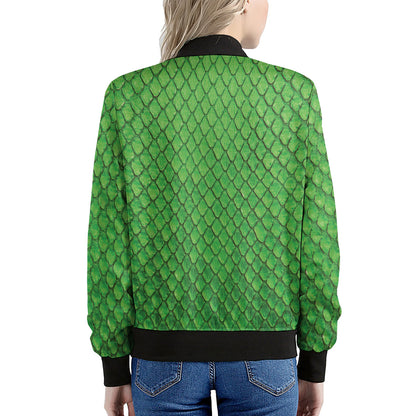 Green Python Snakeskin Print Women's Bomber Jacket