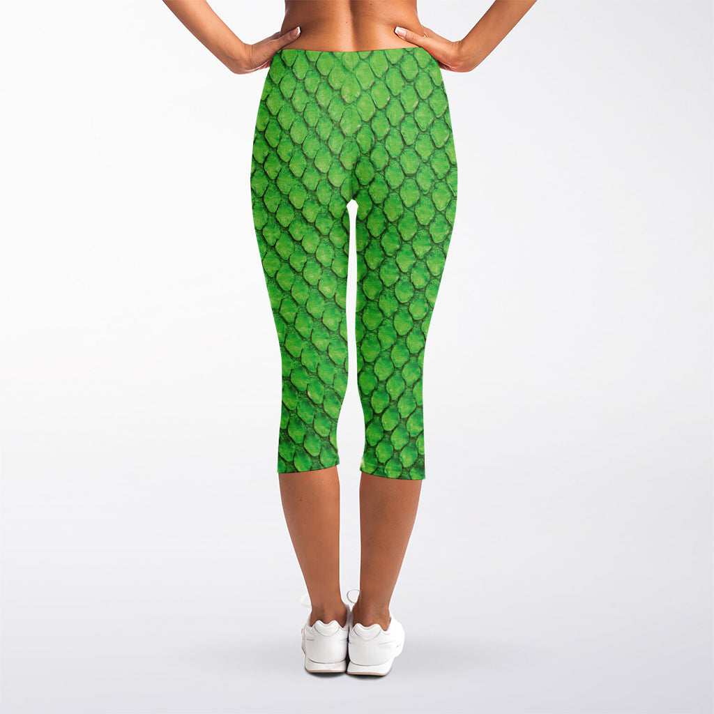 Green Python Snakeskin Print Women's Capri Leggings