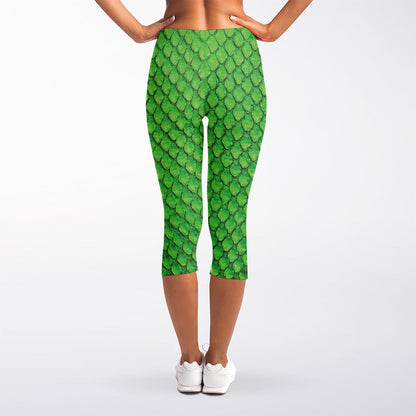 Green Python Snakeskin Print Women's Capri Leggings