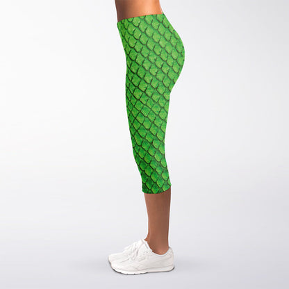 Green Python Snakeskin Print Women's Capri Leggings