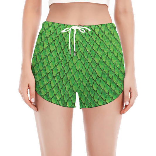 Green Python Snakeskin Print Women's Split Running Shorts