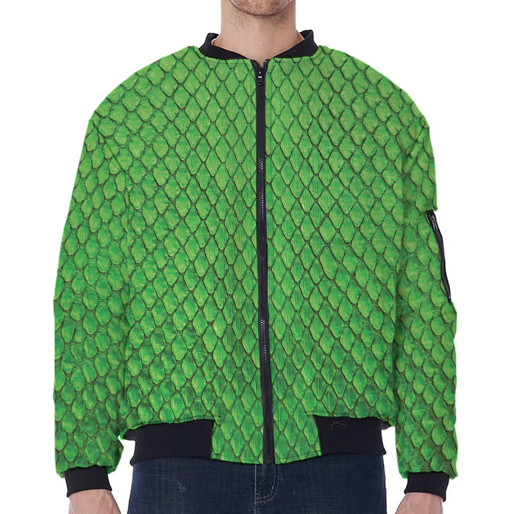 Green Python Snakeskin Print Zip Sleeve Bomber Jacket