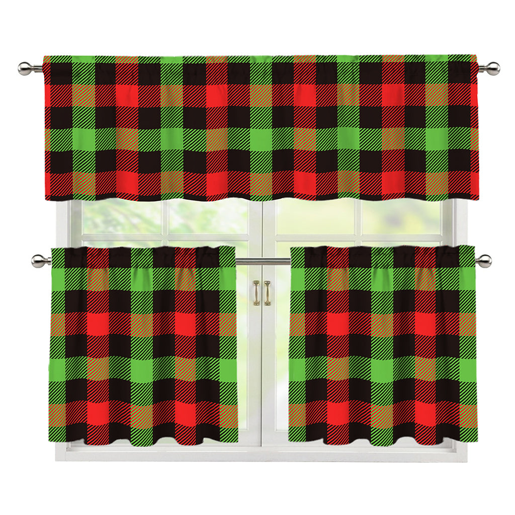Green Red And Black Buffalo Plaid Print 3 Piece Kitchen Curtains