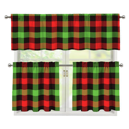 Green Red And Black Buffalo Plaid Print 3 Piece Kitchen Curtains
