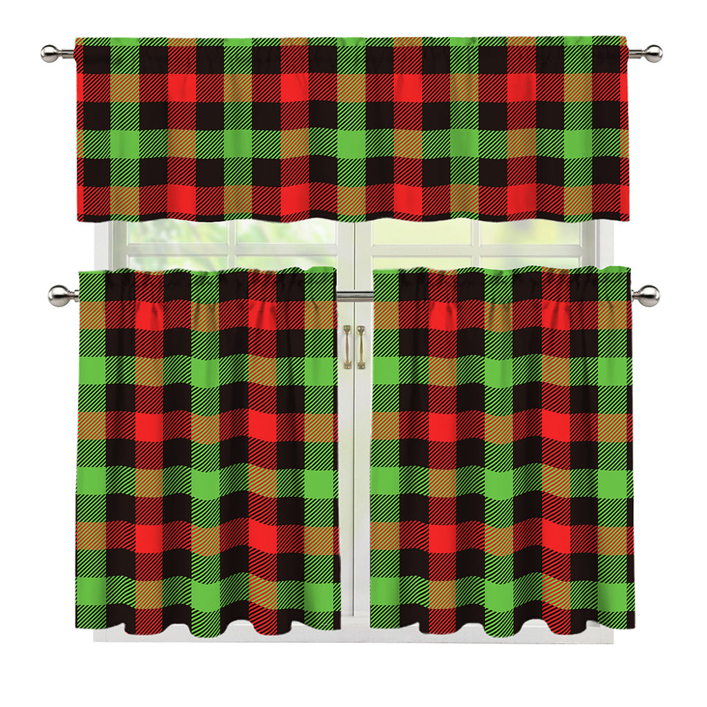Green Red And Black Buffalo Plaid Print 3 Piece Kitchen Curtains