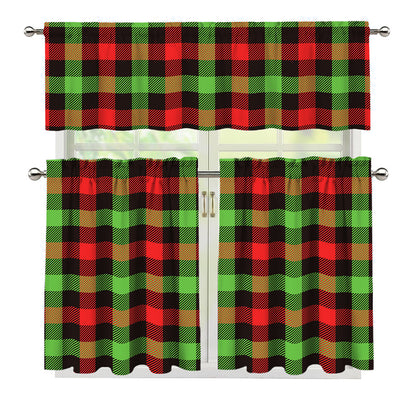 Green Red And Black Buffalo Plaid Print 3 Piece Kitchen Curtains