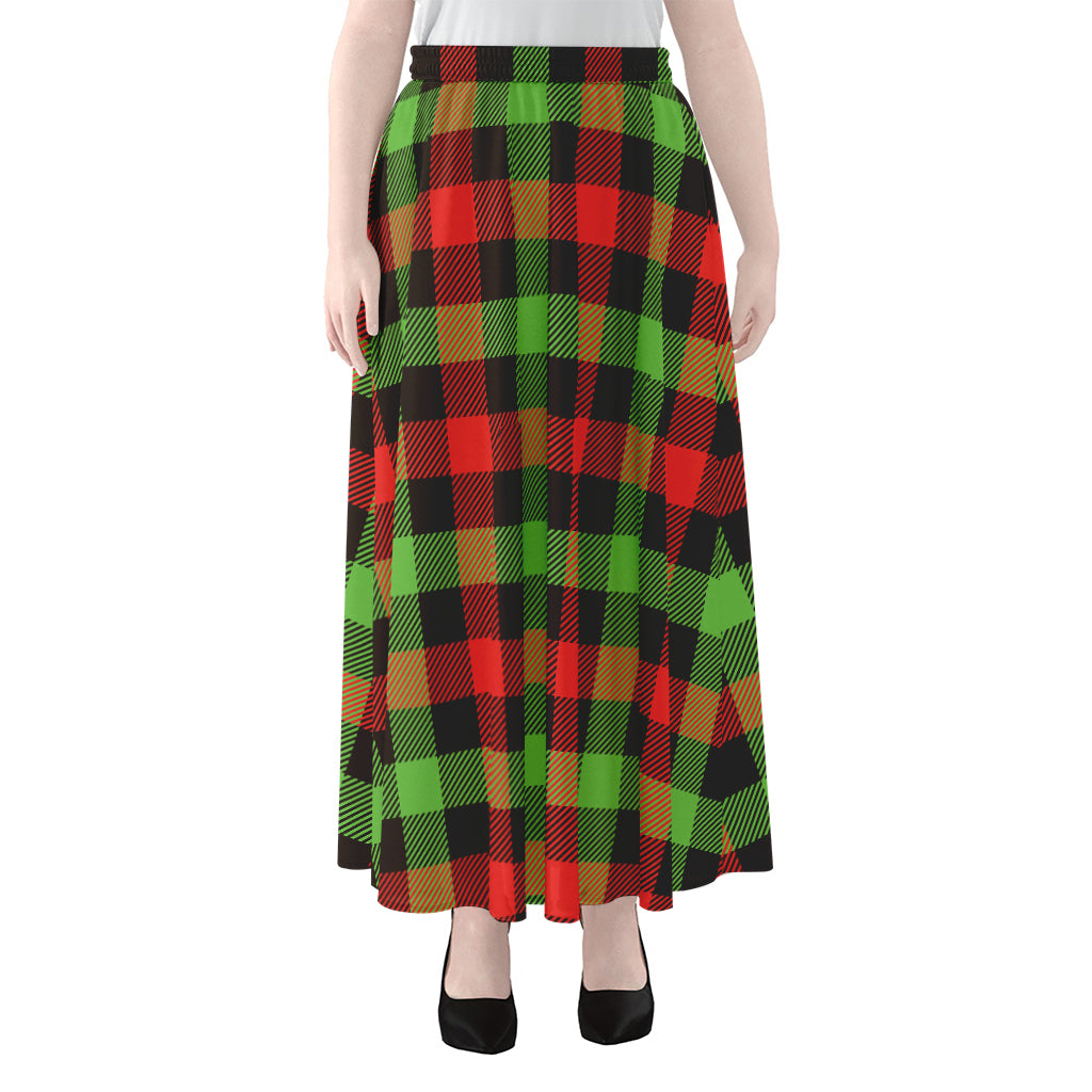 Green Red And Black Buffalo Plaid Print Chiffon Maxi Skirt