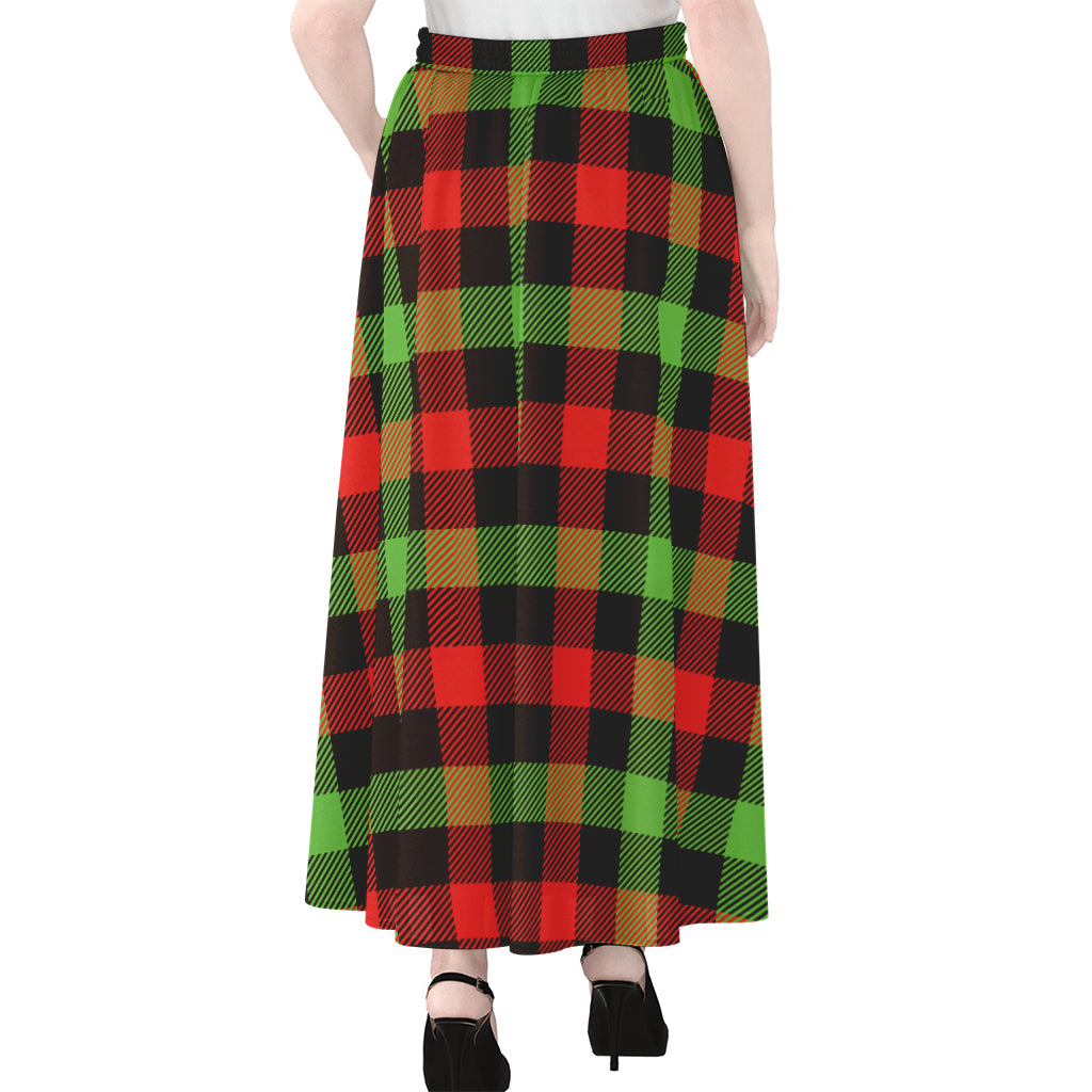 Green Red And Black Buffalo Plaid Print Chiffon Maxi Skirt