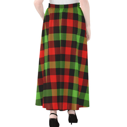 Green Red And Black Buffalo Plaid Print Chiffon Maxi Skirt