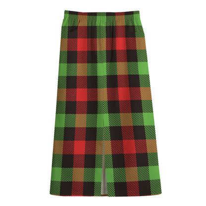 Green Red And Black Buffalo Plaid Print Cotton Front Slit Maxi Skirt