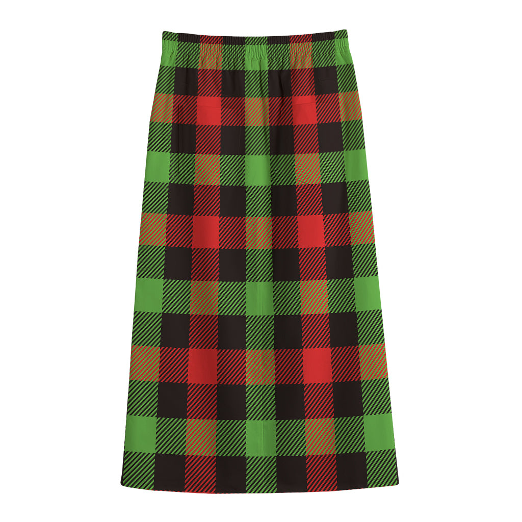 Green Red And Black Buffalo Plaid Print Cotton Front Slit Maxi Skirt