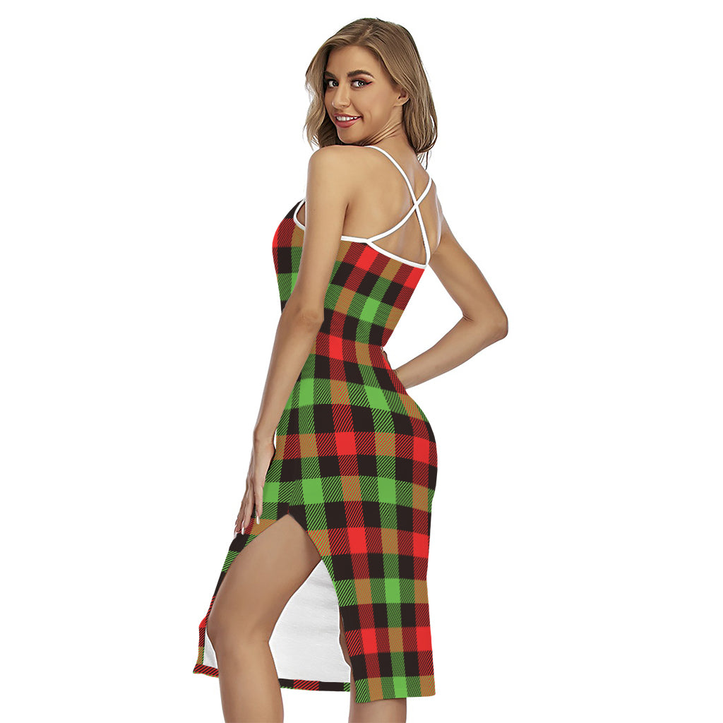 Green Red And Black Buffalo Plaid Print Cross Back Cami Dress