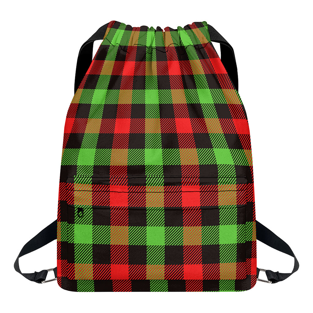 Green Red And Black Buffalo Plaid Print Drawstring Backpack