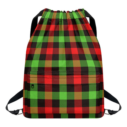 Green Red And Black Buffalo Plaid Print Drawstring Backpack