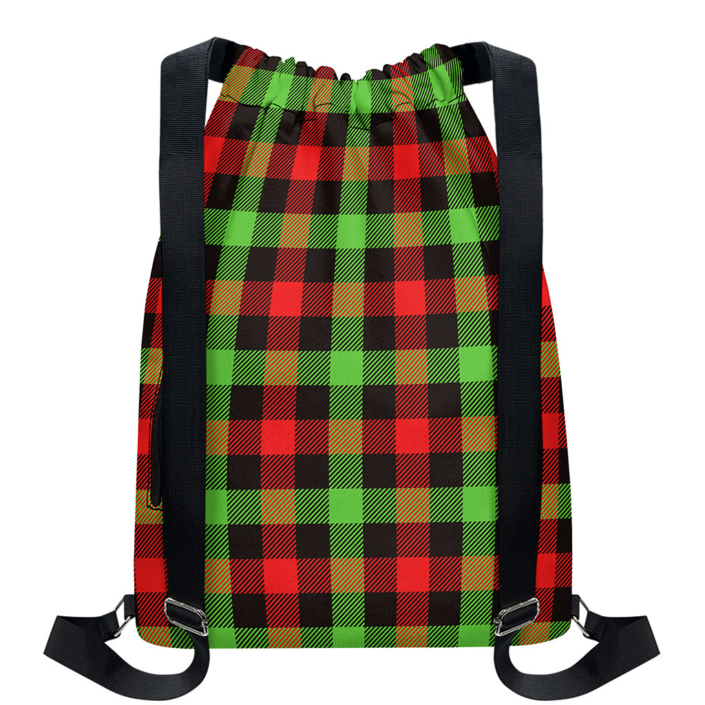 Green Red And Black Buffalo Plaid Print Drawstring Backpack