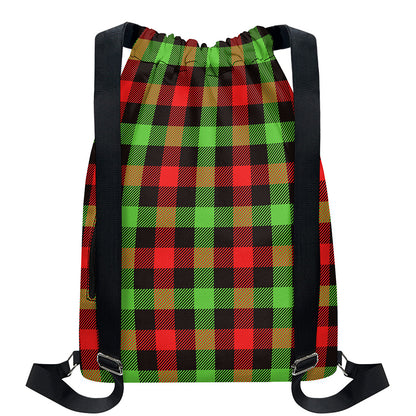 Green Red And Black Buffalo Plaid Print Drawstring Backpack