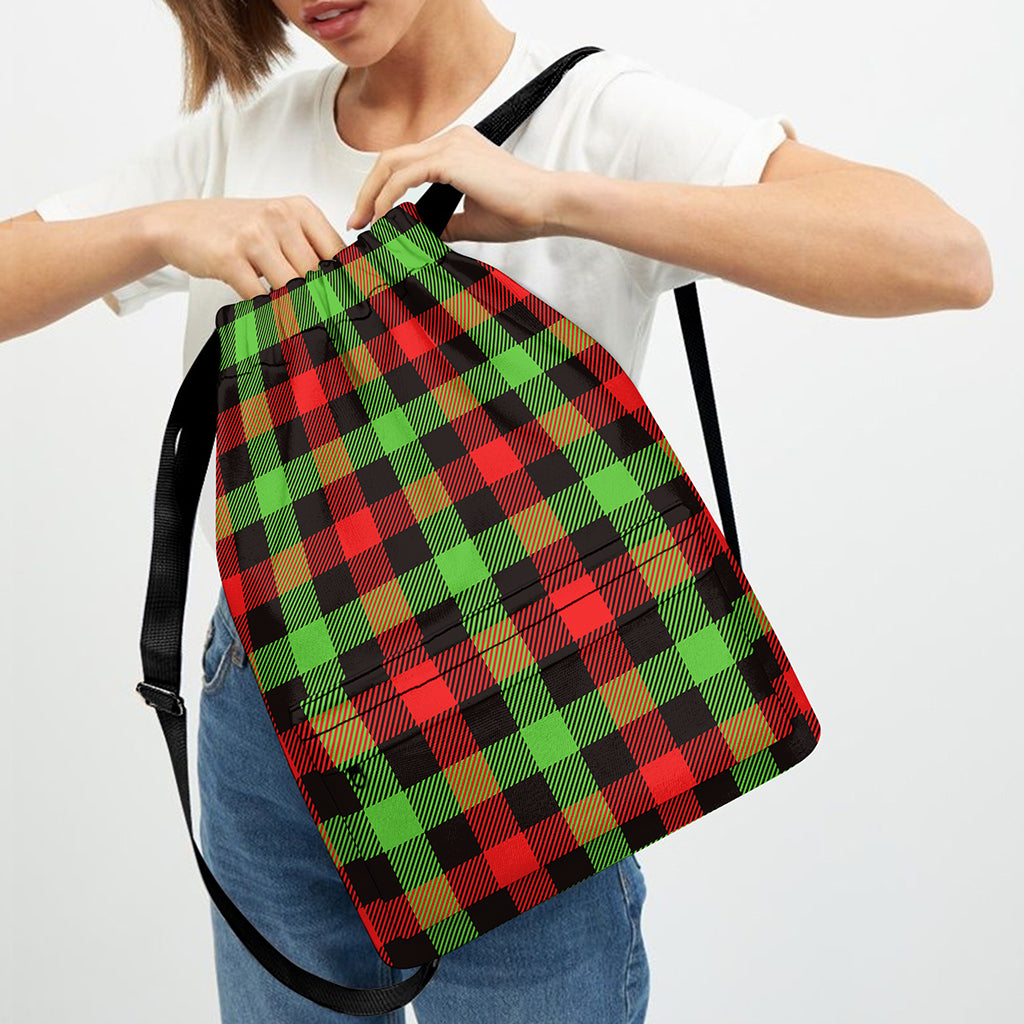 Green Red And Black Buffalo Plaid Print Drawstring Backpack