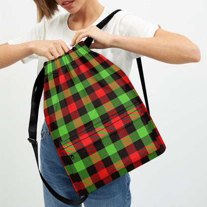 Green Red And Black Buffalo Plaid Print Drawstring Backpack