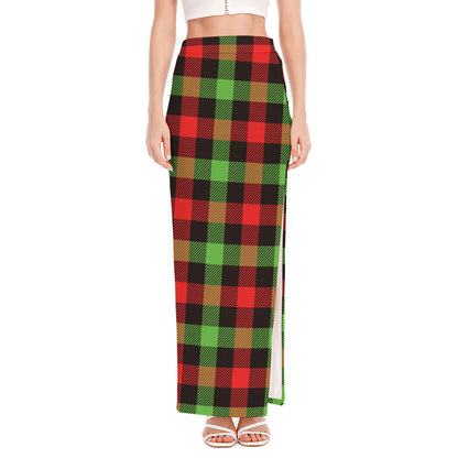 Green Red And Black Buffalo Plaid Print High Slit Maxi Skirt