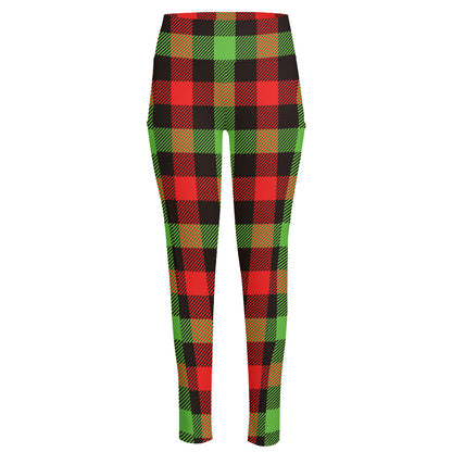 Green Red And Black Buffalo Plaid Print High-Waisted Pocket Leggings