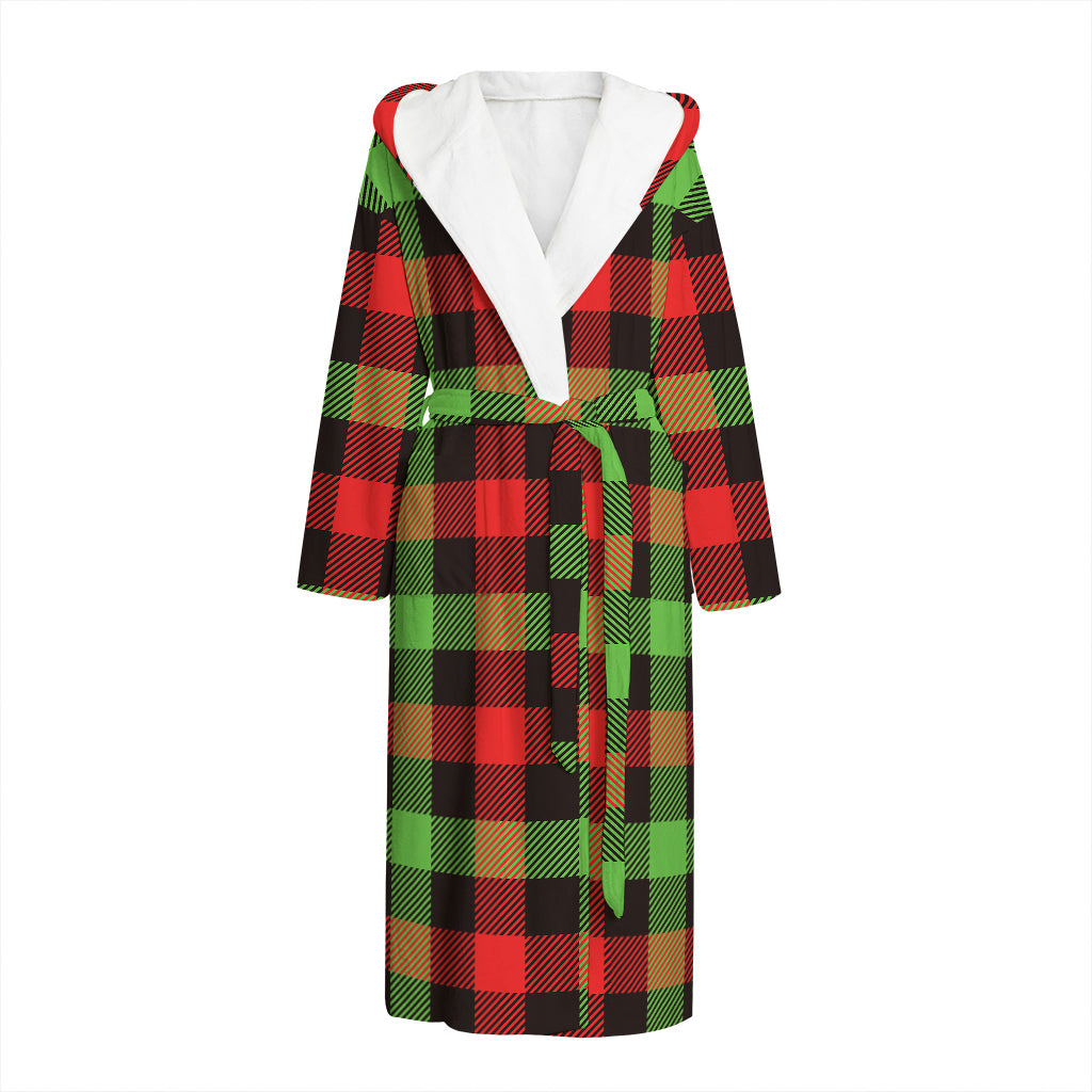 Green Red And Black Buffalo Plaid Print Hooded Bathrobe