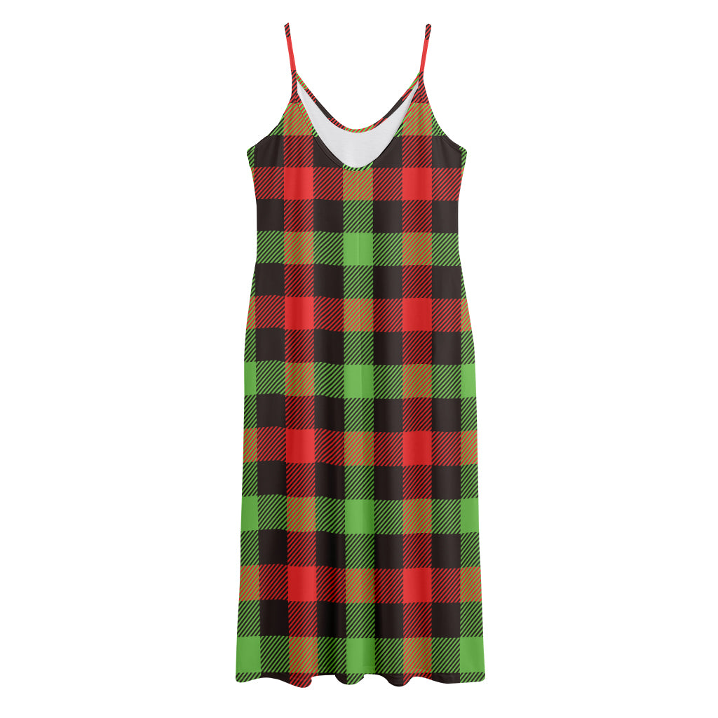 Green Red And Black Buffalo Plaid Print Jersey Midi Cami Dress