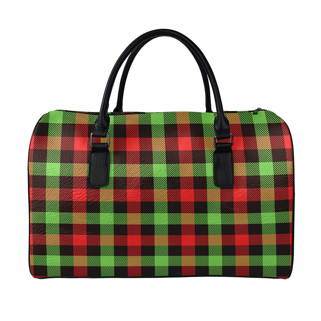 Green Red And Black Buffalo Plaid Print Leather Duffle Bag