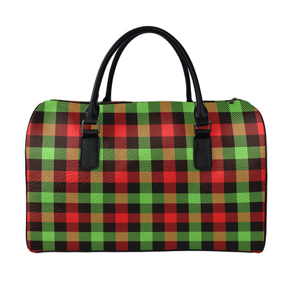 Green Red And Black Buffalo Plaid Print Leather Duffle Bag