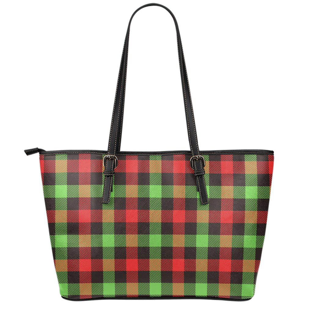 Green Red And Black Buffalo Plaid Print Leather Tote Bag