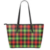 Green Red And Black Buffalo Plaid Print Leather Tote Bag