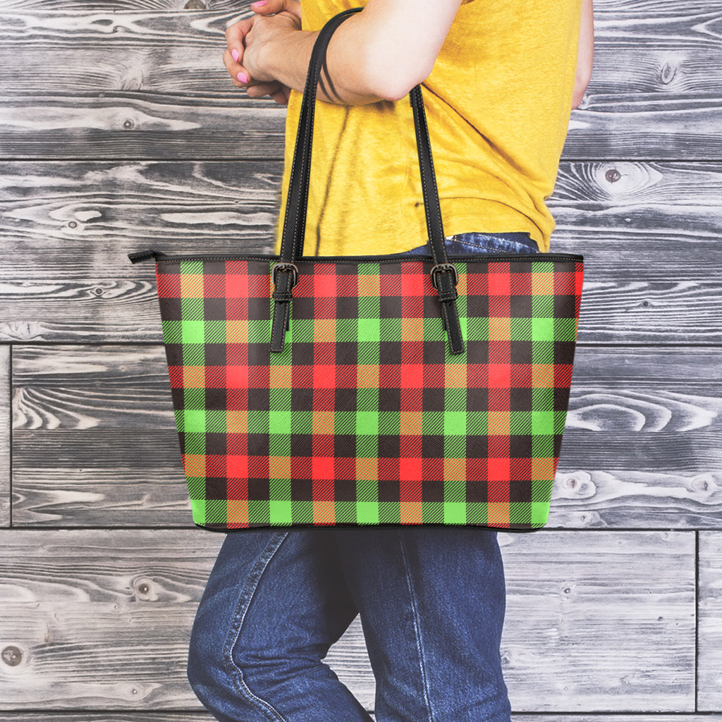 Green Red And Black Buffalo Plaid Print Leather Tote Bag