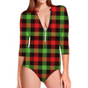 Green Red And Black Buffalo Plaid Print Long Sleeve Swimsuit
